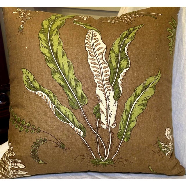 Coffee Pair of Custom Linen Throw Pillows – Salamandre Pheasant & Botanical Leaf, Down Alternative Inserts For Sale - Image 8 of 10