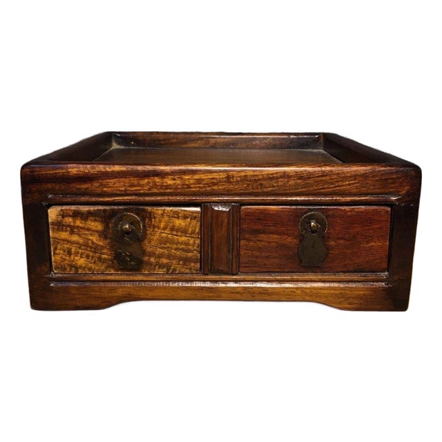 Vintage Rosewood Desk Organizer Box With Dual Drawers and Tray Top For Sale