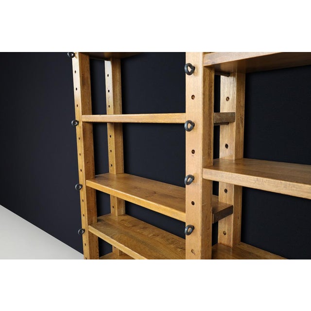 Large Brutalist Modular Shelving Unit in Oak with Metal Pegs and Cabinet, Belgium, 1960 For Sale - Image 11 of 17