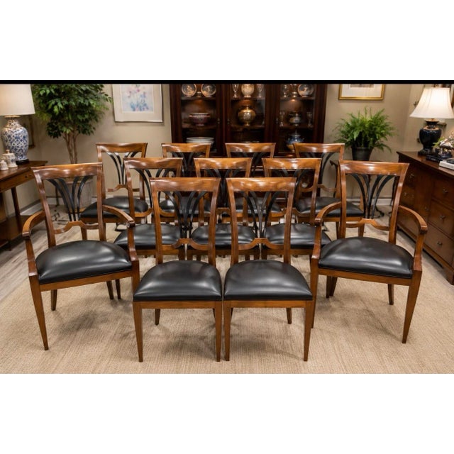 Neoclassical Set of 10 Biedermeier-Style Colombian Dining Chairs in Mahogany & Black Leather For Sale - Image 3 of 10