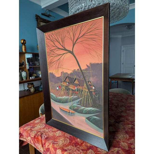 1967 Original Oil on Canvas Painting by Thai Modernist Sanong Sriboon Framed For Sale - Image 4 of 14