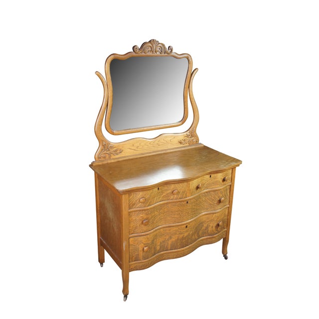 Victorian Antique Victorian Quartersawn Oak Serpentine Oxbow Dresser & Mirror Washstand For Sale - Image 3 of 12