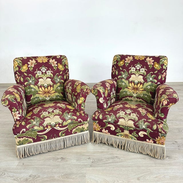 Dimensions: H 31” x W 31” x D 28” x SH 16” Pair of Vintage French Napoleon III style armchairs with original floral...