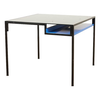 Coffee Table in Black Lacquered Metal Square Tube and Glass Top with Blue Metal Shelf For Sale