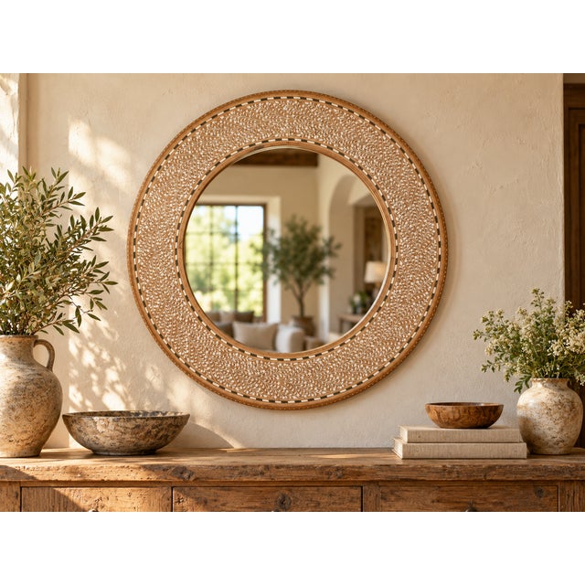 Row after row of tiny fern leaves climb around the frame of this round mirror, each one set in white inlay against raw,...