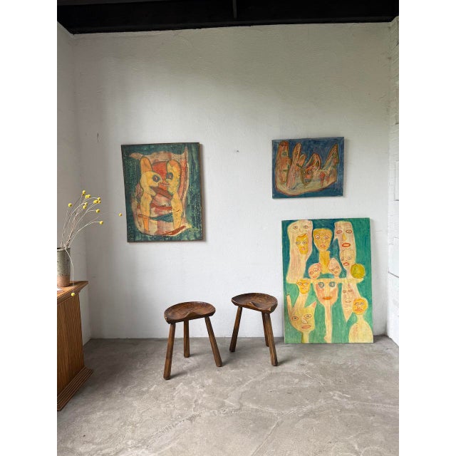 Antique pair of solid oak tripod stools, shepherd's stools style, signed le selou under their seats. in the 1960s, le...