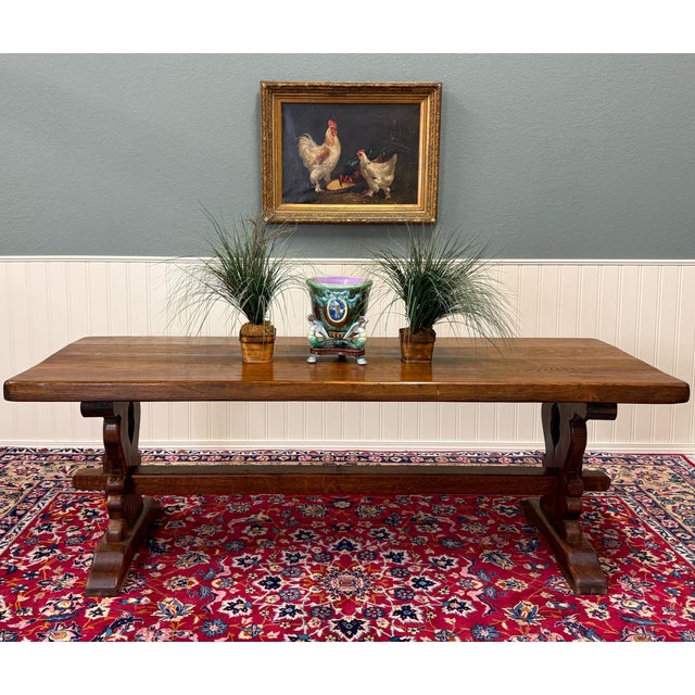 Antique French Country Farm Dining Table Farmhouse Trestle Base Oak 87"w For Sale - Image 10 of 17