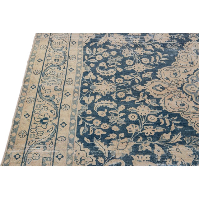 Vintage Persian Handmade Wool Rug in Blue With Rosette Motif For Sale - Image 9 of 10