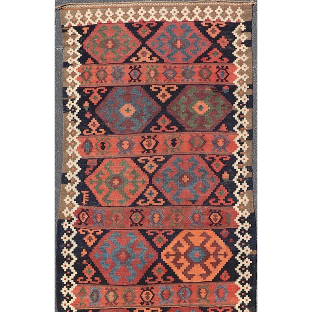 Measures: 4'3 x 14'5 Antique Shahsevan Kilim Gallery Runner With Bold Colorful Geometric Tribal Motifs 4'3 X 14'5. Keivan...