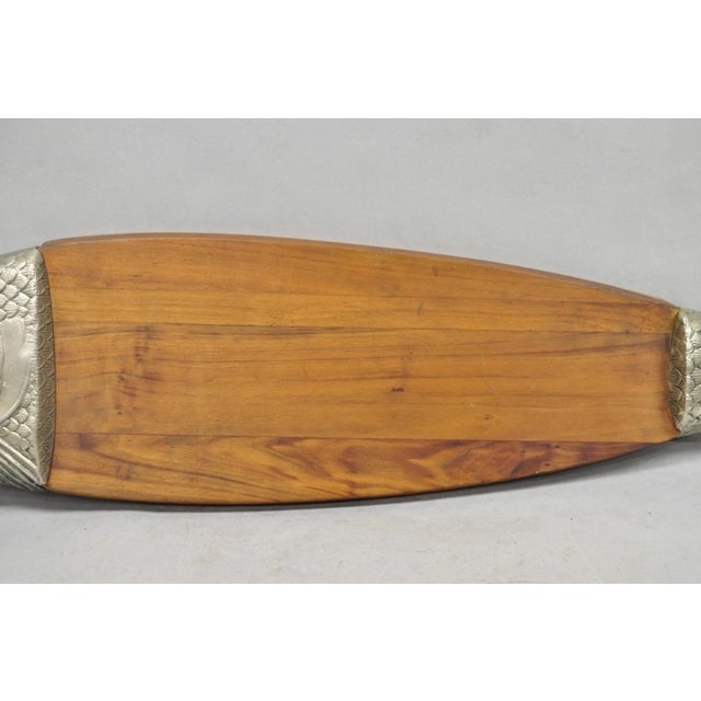 Vintage Mid Century Modern Teak Wood & Metal Fish Serving Platter Cutting Board For Sale - Image 4 of 13