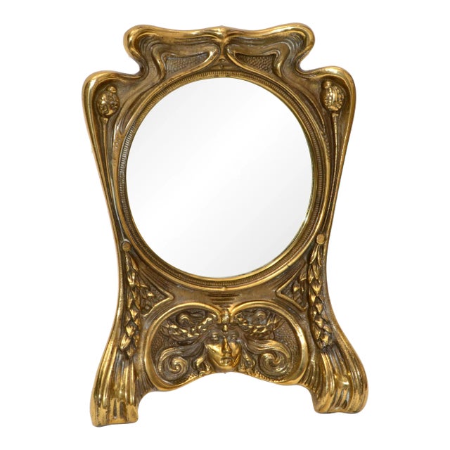 Art Nouveau Handcrafted Golden Bronze Table Mirror, Vanity Mirror 1940 For Sale