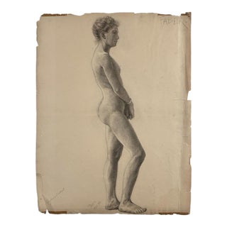 Ludwig Ernst Faber (1855–1913) - Antique Figurative Nude Study of a Standing Woman, Signed (1890, Charcoal on Paper) For Sale