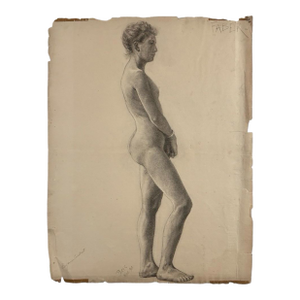 Ludwig Ernst Faber (1855–1913) - Antique Figurative Nude Study of a Standing Woman, Signed (1890, Charcoal on Paper)