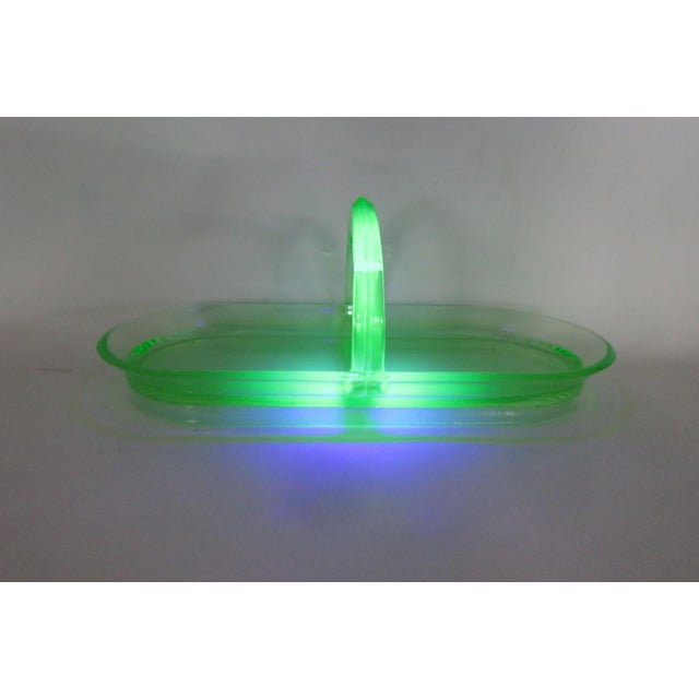 Early 20th Century Green Uranium Depression Glass Oblong Celery Tray Serving Dish With Handle For Sale - Image 10 of 16