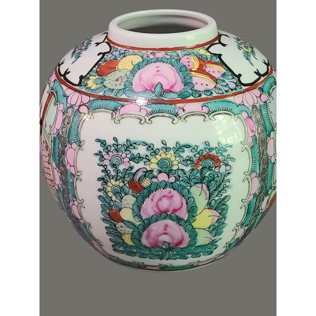 Late 20th Century Vintage Asian Chinoiserie Famille Rose Hand Painted Colorful Figural Floral Vase For Sale - Image 5 of 9
