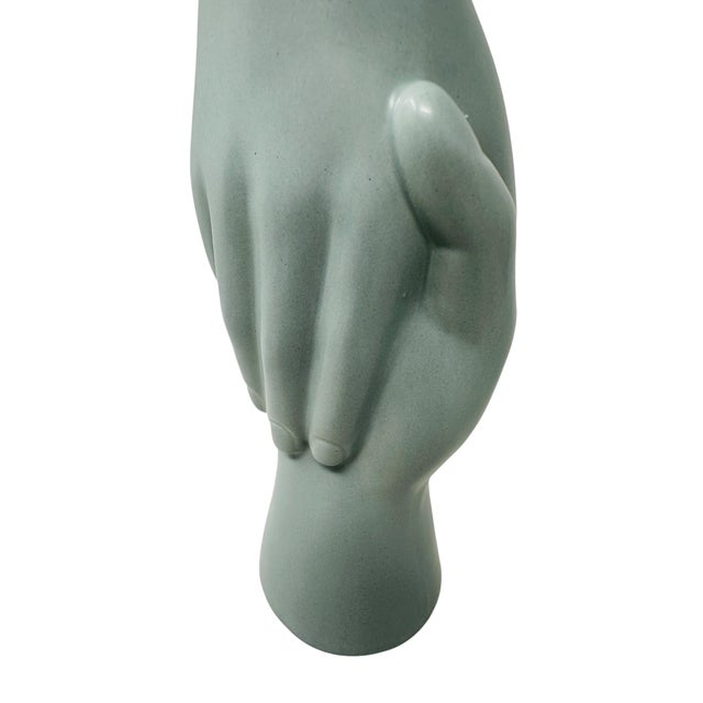 1980s Postmodern 12.25" Clasped Hands Ceramic Sculptural Column Vase in Sage Celadon For Sale In Tampa - Image 6 of 9