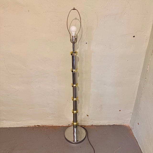 Modern Vintage Modern Chrome & Brass-Toned Floor Lamp With Black Drum Shade For Sale - Image 3 of 11