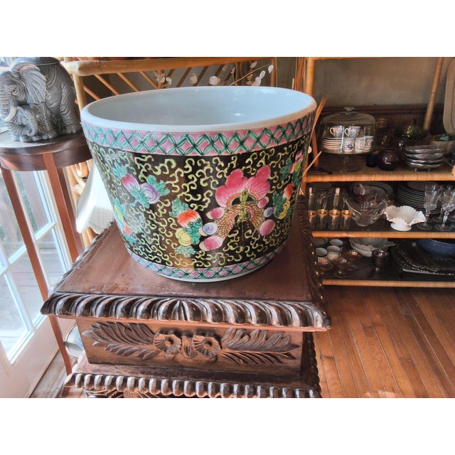Antique Late Qing / Republic Period Chinese Famille Noire Porcelain Jardinière. Hand Painted. Medium Size. For Sale - Image 12 of 12