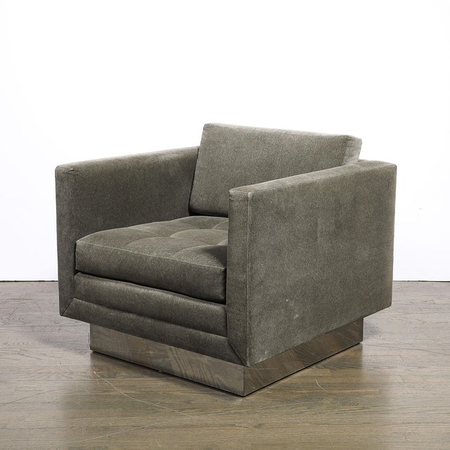 1970s Pair of Mid-Century Biscuit Tufted Cube Chairs W/ Chrome Wrapped Base in Mohair For Sale - Image 5 of 10