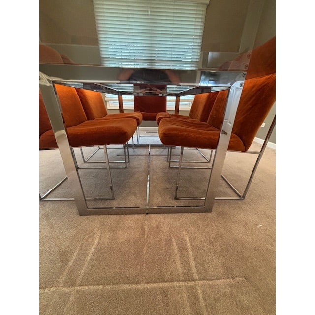 Mid-Century Modern Vintage Set of 6 Mid-Century Modern Milo Baughman for Thayer Coggin Chrome Dining Chairs & Smoked Glass Dinning Table For Sale - Image 3 of 17