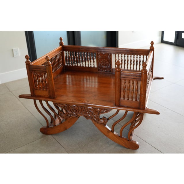 Vintage Hand-Carved Teak Howdah-Style Bench | Made in Singapore | Raj Colonial For Sale - Image 4 of 12