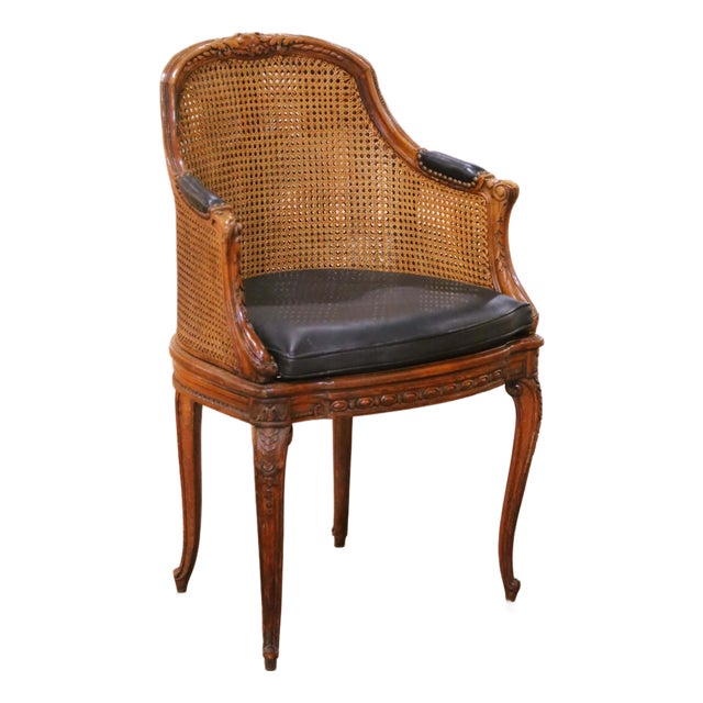 19th Century French Louis XV Walnut Double Caned Armchair With Leather Cushion For Sale