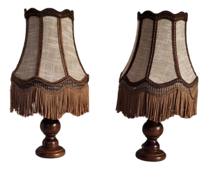 Vintage Brown Beech Table Lamps with Handmade Fabric Shades from HLI, 1980s, Set of 2