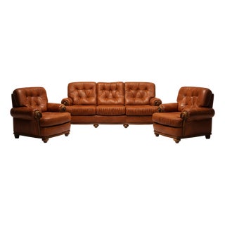 Chesterfield-Style Leather 3-Seater Sofa and Armchairs, 1980s, Set of 3 For Sale