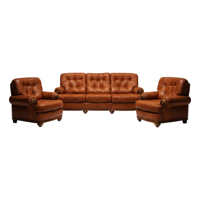Chesterfield-Style Leather 3-Seater Sofa and Armchairs, 1980s, Set of 3 For Sale