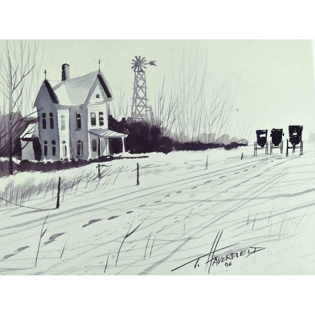 This monochromatic watercolor captures the quiet poetry of winter on a rural homestead. A weathered farmhouse, bare trees,...
