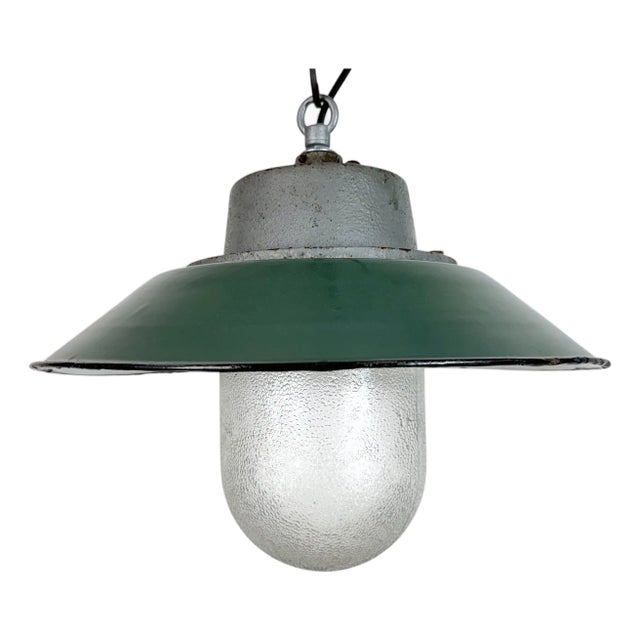 Industrial Green Enamel and Cast Iron Pendant Light, 1960s For Sale