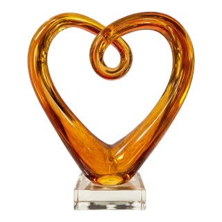 Vintage Amber Murano-Style Art Glass Heart Sculpture on Lucite Base For Sale