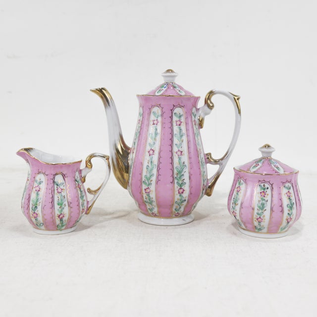 Victorian Vintage Pink Floral Porcelain Tea Set – Hand-Painted Victorian Style For Sale - Image 3 of 11