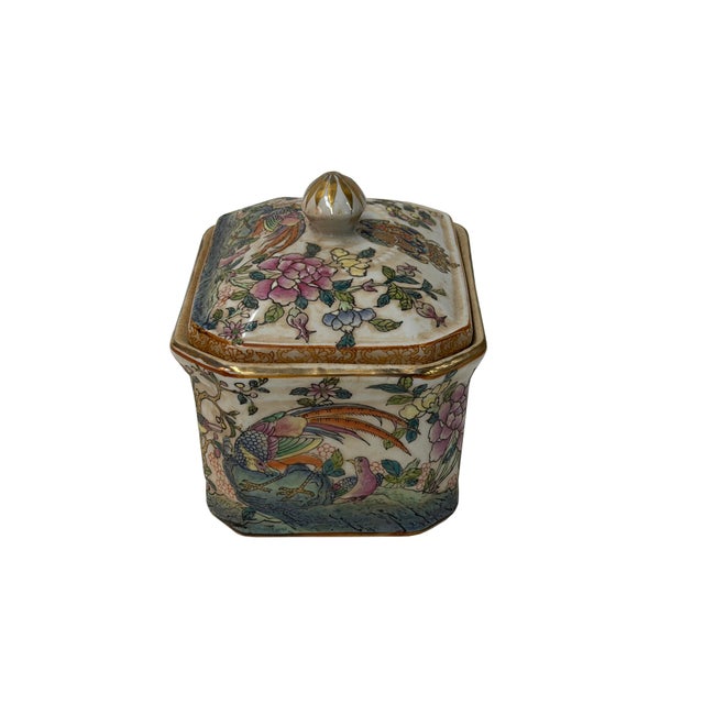 Asian Vintage Famille Rose Enamel Flower Bird Rectangular Porcelain Box For Sale - Image 3 of 13