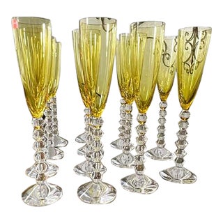 1990s Baccarat Véga Flutissimo Amber Crystal Champagne Flutes - Set of 13 For Sale
