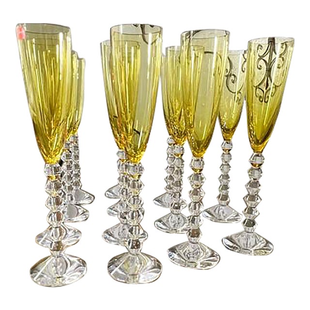 1990s Baccarat Véga Flutissimo Amber Crystal Champagne Flutes - Set of 13 For Sale