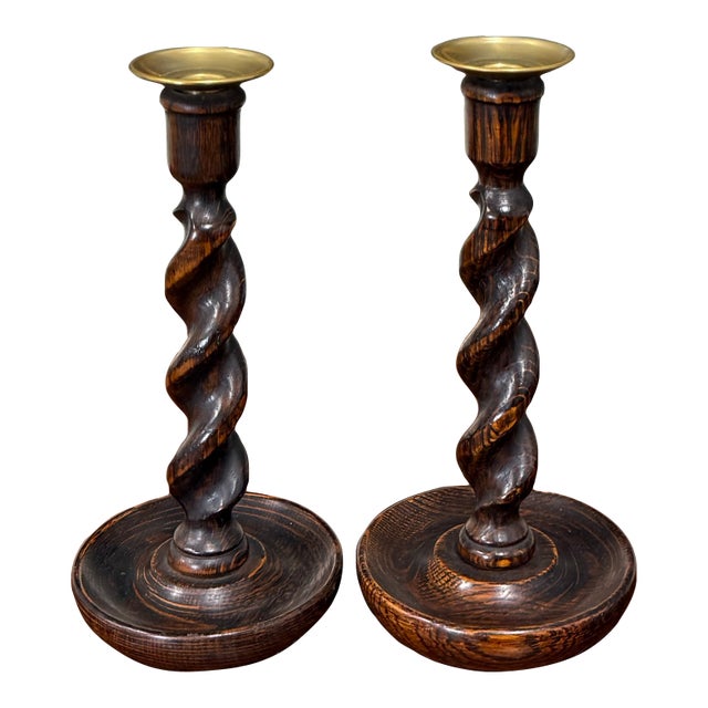 Antique English Barley Twist Candlesticks Candle Holders Oak Pair 10.5" Tall For Sale