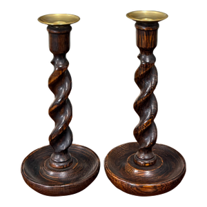 Antique English Barley Twist Candlesticks Candle Holders Oak Pair 10.5" Tall