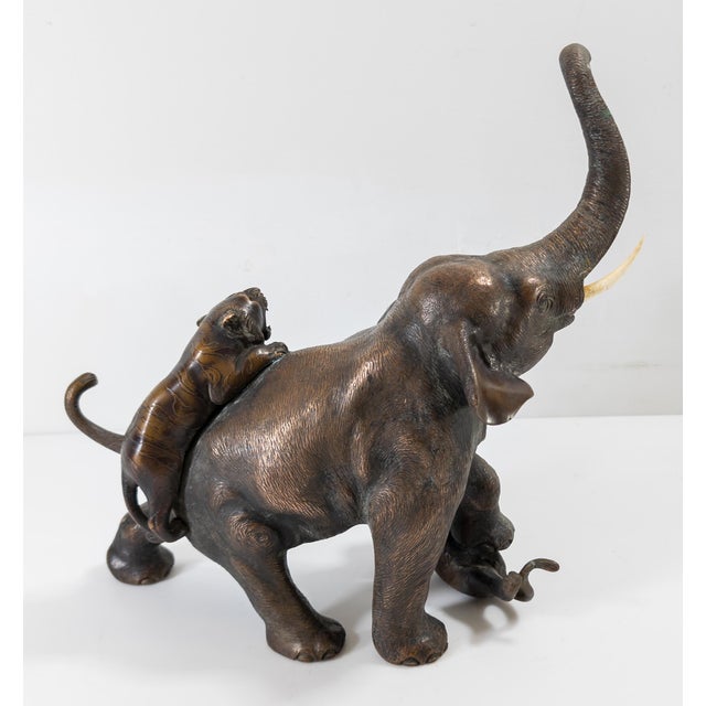 Early 20th Century Japanese Meiji Style Bronze Okimono of Elephant and Tigers, Signed For Sale - Image 4 of 12