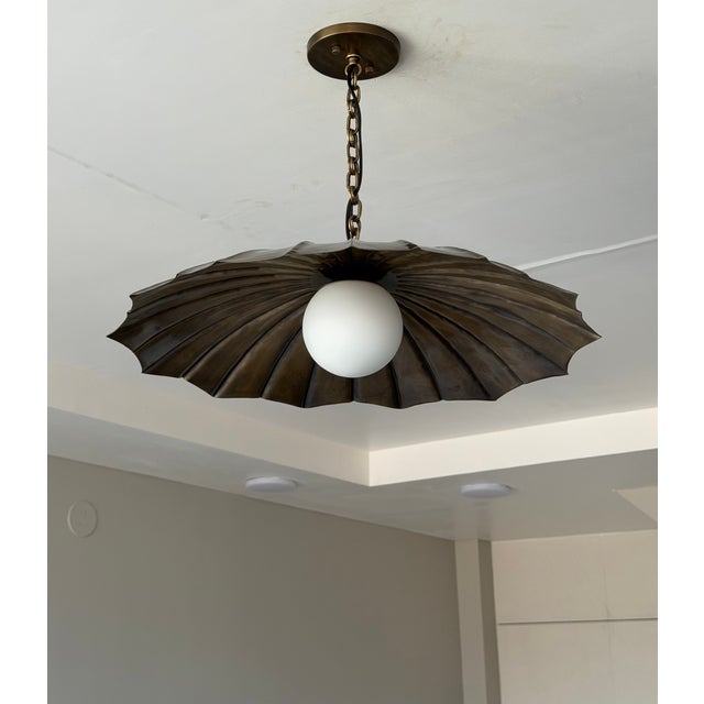 Handcrafted Black Antique Brass Finish Pendant Light, Unique Brass Ceiling Light, Milk Glass Globe, Vintage Home Decor For Sale - Image 6 of 10
