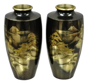 Vintage Bronze Metal Pagoda Mountain Engraved Vases - A Pair