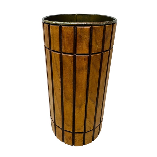 Mid-Century Modern Vintage MCM Gruvwood Walnut Slat Trash Can | Mid Century Modern Wastebasket National Products Louisville Ky | 1964 World's Fair House of Good Taste For Sale - Image 3 of 10