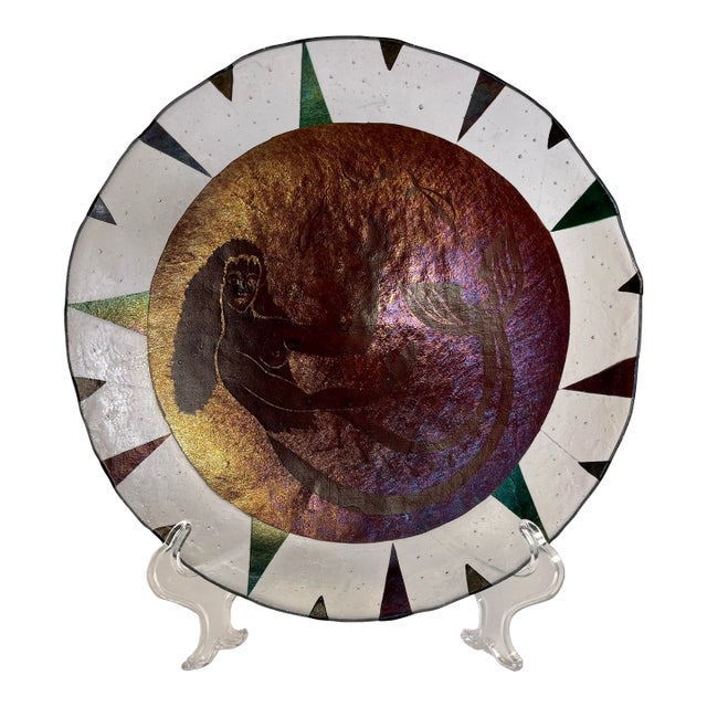 1989 Fused Matte Art Glass Mermaid & Dolphins Platter, Signed For Sale