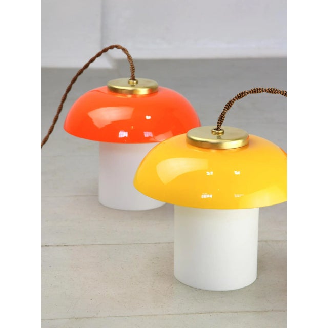 Mid-Century Modern Mid-Century Glass and Brass Mushroom Pendant Lamps, Set of 2 For Sale - Image 3 of 12