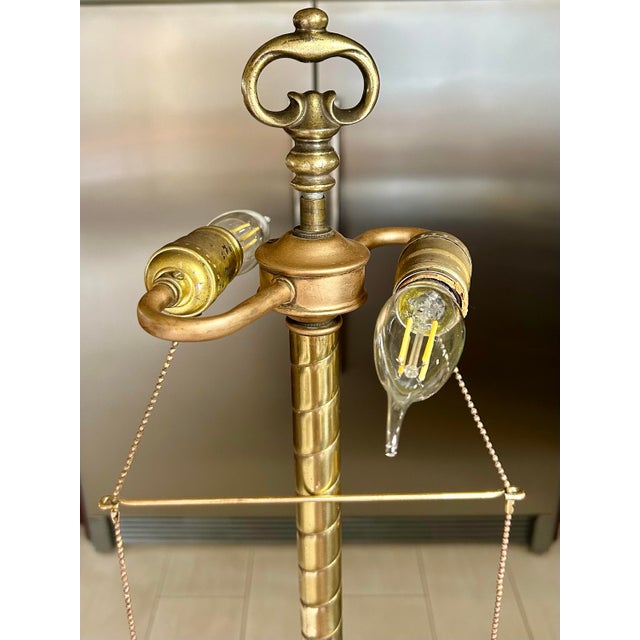 1960s Gold Metal Base With Large, Hand-Blown Amber Glass, Table Lamp, Hollywood Style, Three-Way Lighting, Two Tasseled Pull Chains For Sale - Image 11 of 12