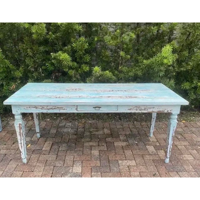 Vintage Coastal Turquoise Rustic Farm Table For Sale - Image 9 of 9