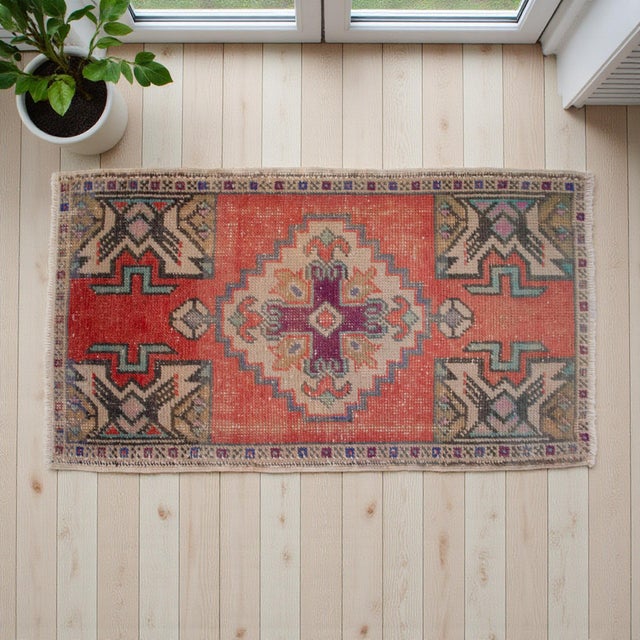 Farmhouse Distressed Rug Low Pile Hand Knotted Yastik Rug Faded Mat- 20'' X 36'' For Sale - Image 3 of 13