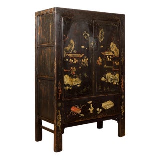 19th Century Qing Dynasty Two-Door Cabinet with Hand-Painted Décor and Original Black Lacquer For Sale