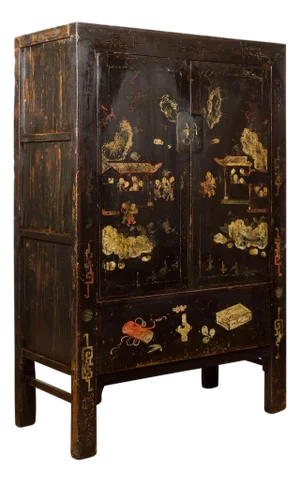 19th Century Qing Dynasty Two-Door Cabinet with Hand-Painted Décor and Original Black Lacquer