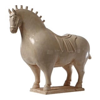 Mid-Century Vintage White Terra Cotta Fat Tang Horse For Sale